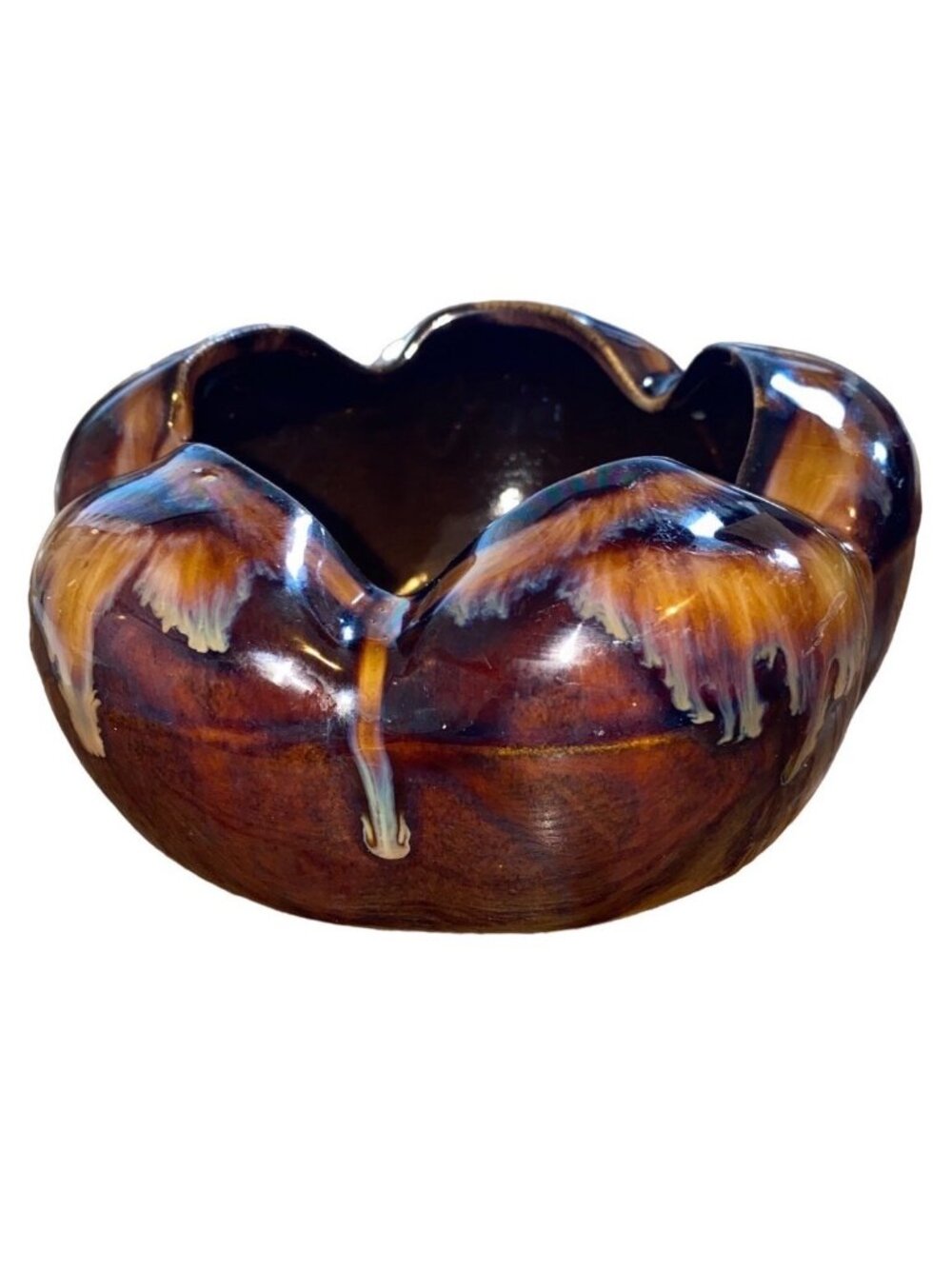 Vintage Brown Ceramic Ashtray With Drip Glaze Design